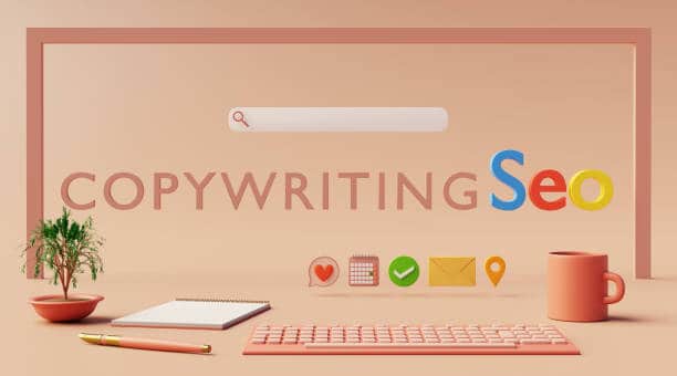 Trójwymiarowa grafika na pastelowym tle z napisem 'COPYWRITING Seo' oraz paskiem wyszukiwania u góry. Poniżej znajdują się kolorowe ikony, a na pierwszym planie klawiatura, notes, długopis, kubek i mała roślina w doniczce