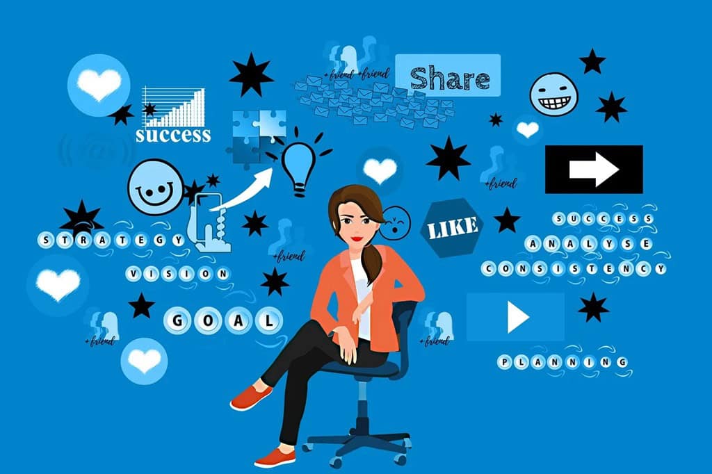 Grafika przedstawia bizneswoman siedzącą na fotelu w centralnym punkcie. Wokół symbole i hasła, nawiązujące do bloga, SEO i sukcesu