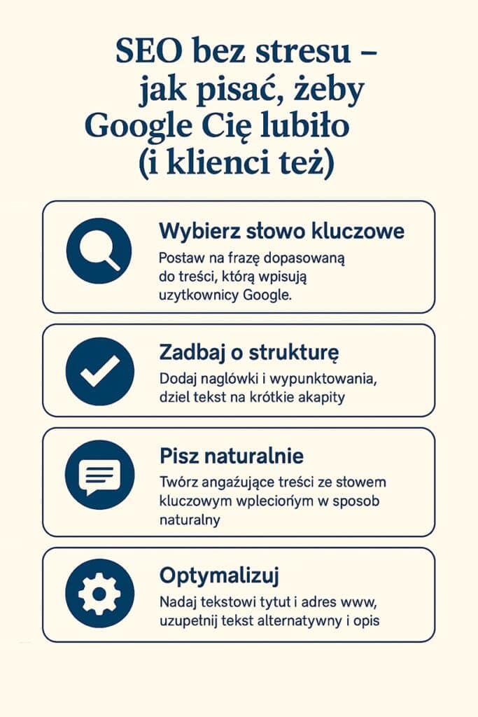 Infografika: jak pisać pod wyszukiwarkę Google. Słowa kluczowe, czytelna struktura, naturalny język, meta opis