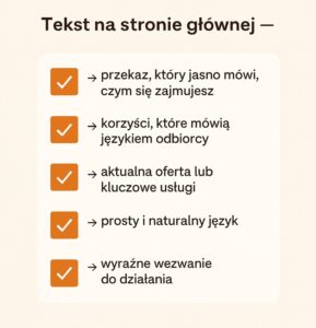 Infografika z podsumowaniem informacji: jaki powinien być tekst na stronę główną.