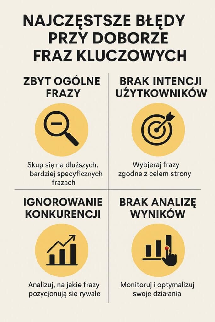 Infografika, pokazująca najczęstsze błędy w doborze fraz kluczowych. Zbyt ogólne frazy, brak intencji, ignorowanie konkurencji, brak analizy wyników