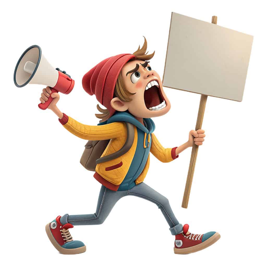 Grafika z chłopakiem, który w jednej ręce trzyma megafon, w drugiej transparent i coś krzyczy.